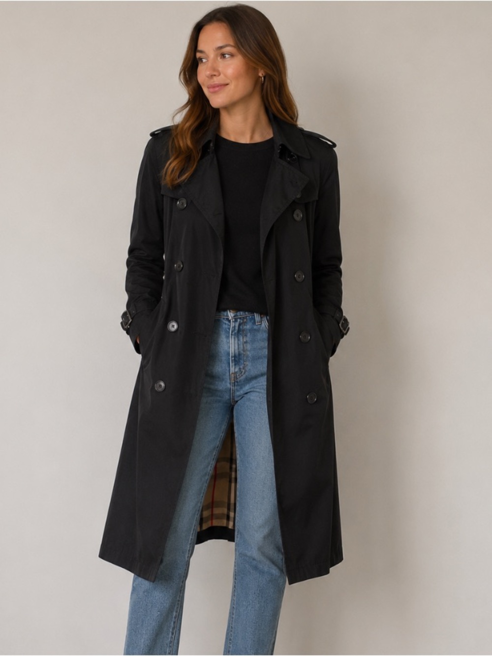 Burberry Black Double-Breasted Long Trench Coat with Check Trim